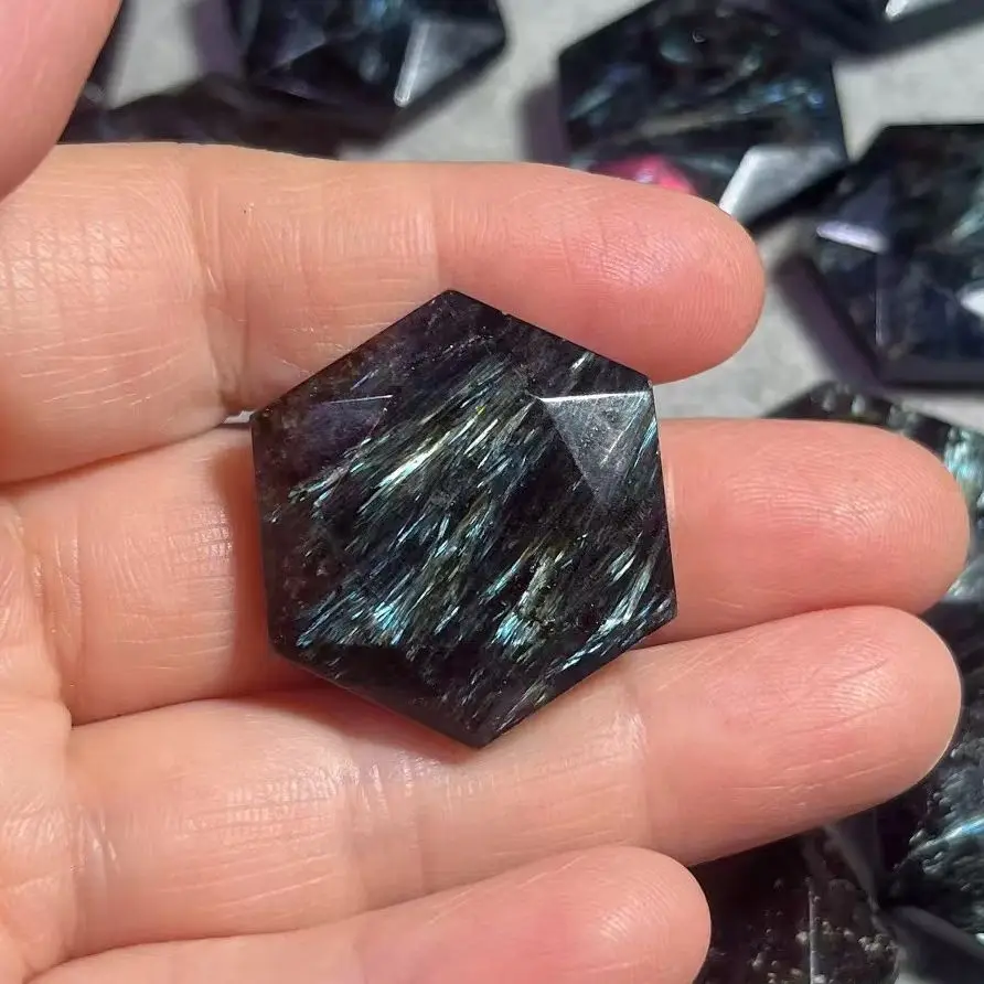 1PC Natural Crystal Rock Black Blue Amphibole Carving Plane Six Pointed Star Crystal Carving For Home Ornament Energy Collection