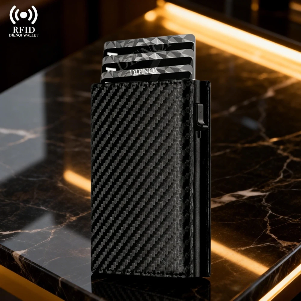 

Кошелек для визитных карточек из углеродного волокна, мужской держатель для кредитных карт, RFID, умный металлический тонкий тонкий всплывающий маленький черный минималистичный кошелек