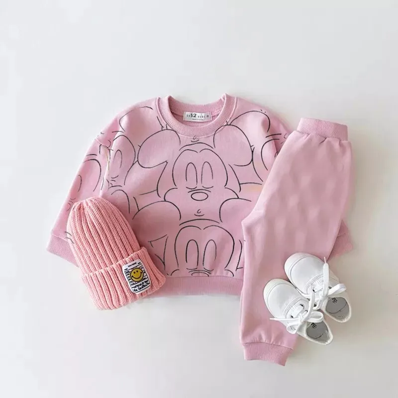 

Pink Tracksuits Baby Girls Pure Cotton Casual Sports Two-pieces Set Mickey Full Printed Sweatshirts+pants Child Crew Neck Tops