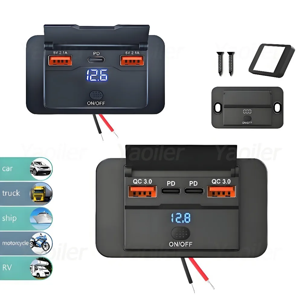 NEW 12V RV USB Outlet Panel 108W Dual QC3.0 & Dual PD3.0 Fast Charge Socket with Switch & LED Voltmeter for Boat ATV Motorcycle