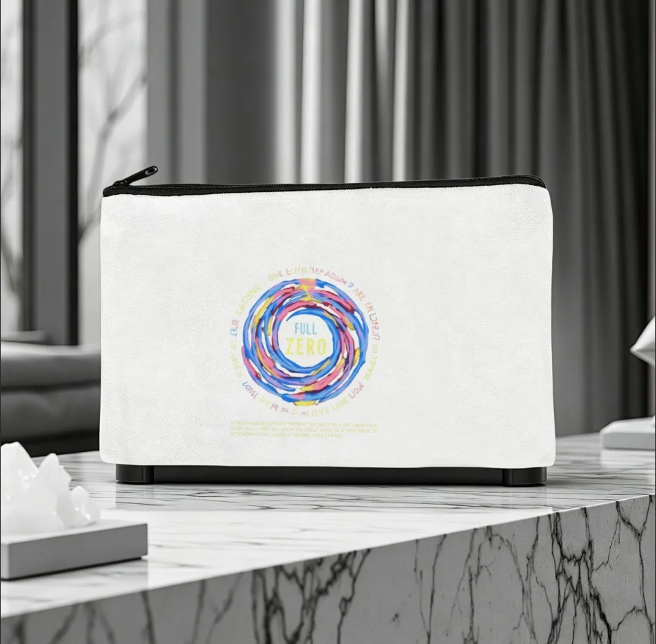 1PC Full Zero Colorful Swirl Circular Text Print Canvas Cosmetic Bag Portable Zipper Makeup Storage Pouch Abstract Art Gift