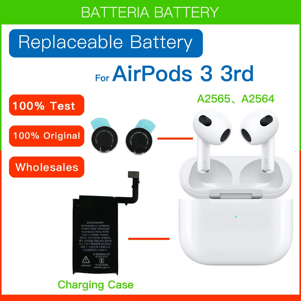 

Genuine Original Replacement Battery 3.67V For Apple Airpods 3 Gen A2565 A2564 A2897 airpod 3rd Rechargeable Batteries+Free Gule