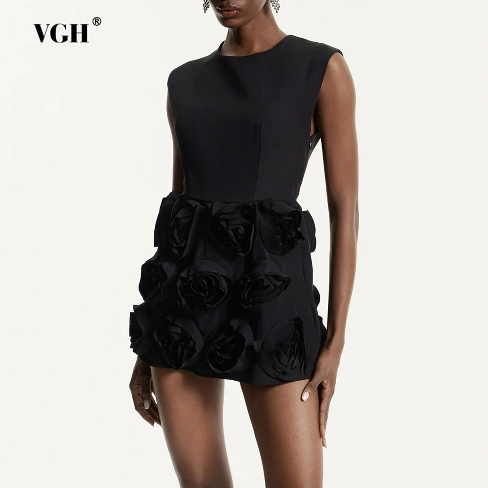 

VGH Women's Chic Black Sleeveless Luxury Dinner Mini Dresses O Neck Back Cutout Bow Accent 3D Rose Mini Dress for Romantic Dates