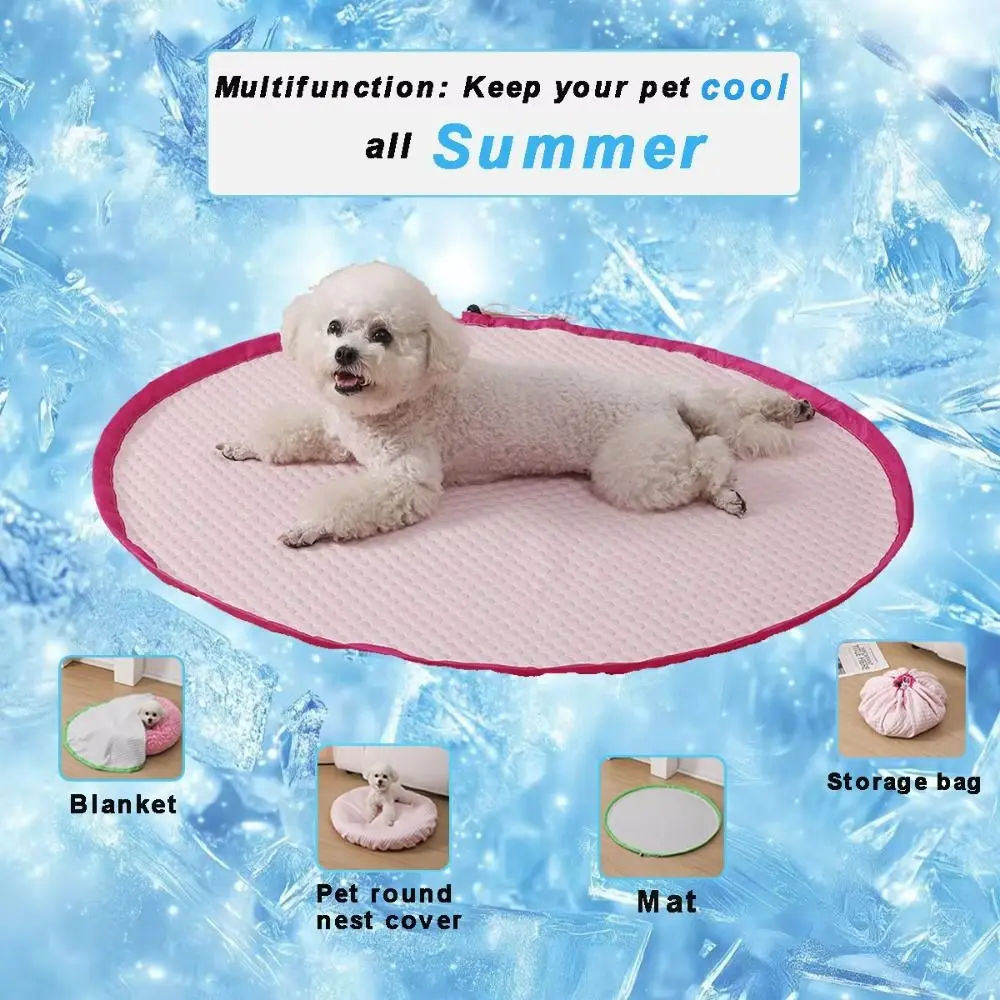 

Thin Adjustable Dog Bed Cover Round Ice Silk Fabric Drawstring Storage Bag Puppy Quilt Breathable Summer Cat Mat Sofa