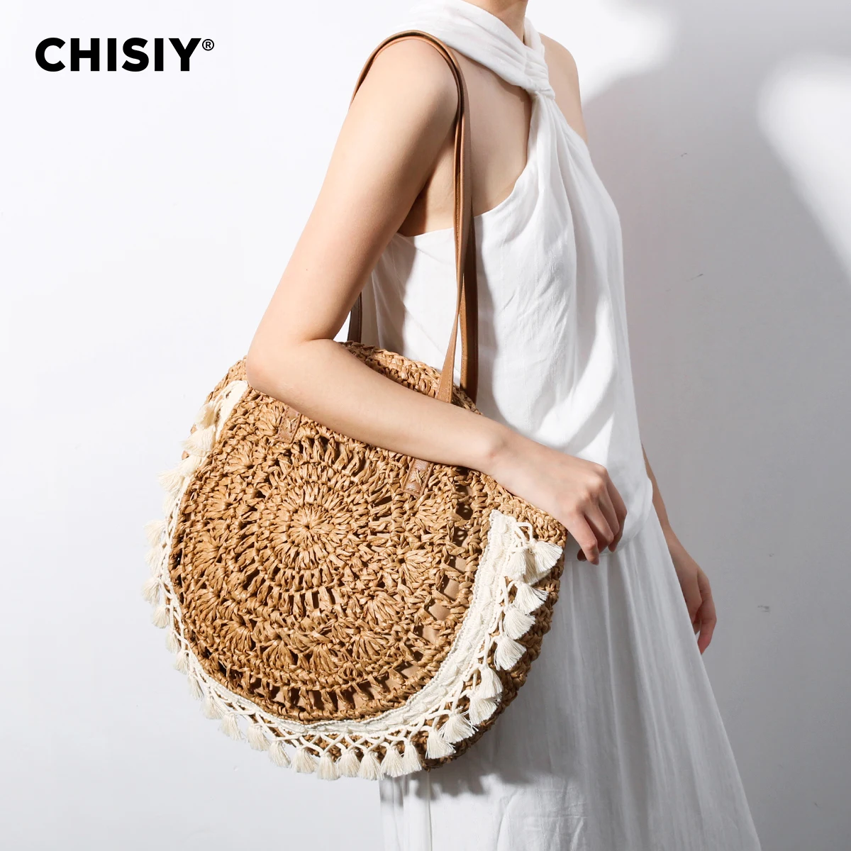 CHISIY Original Handmade Hollow Flower Round Handwoven Tassel Summer Grass Woven Bag Fashion Beach Shoulder Bag