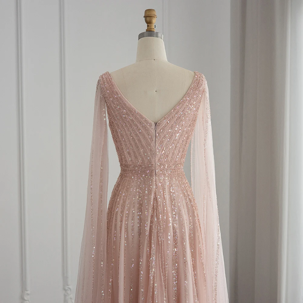 Sharon Said Luxuriöse Champagner-Abendkleider mit Cape-Ärmeln, Arabisches Grün-Nude Ballkleid für Damen, Hochzeitsfeier SS322 Maßanfertigung – Detail 24
