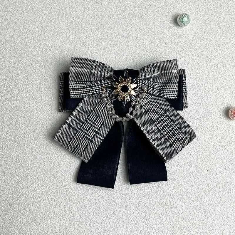 Korean Fashion Plaid Multi-layer Bowknot Ladies Fabric Bow Tie High-end Pearl Rhinestone Pins and Brooches for Women Accessories