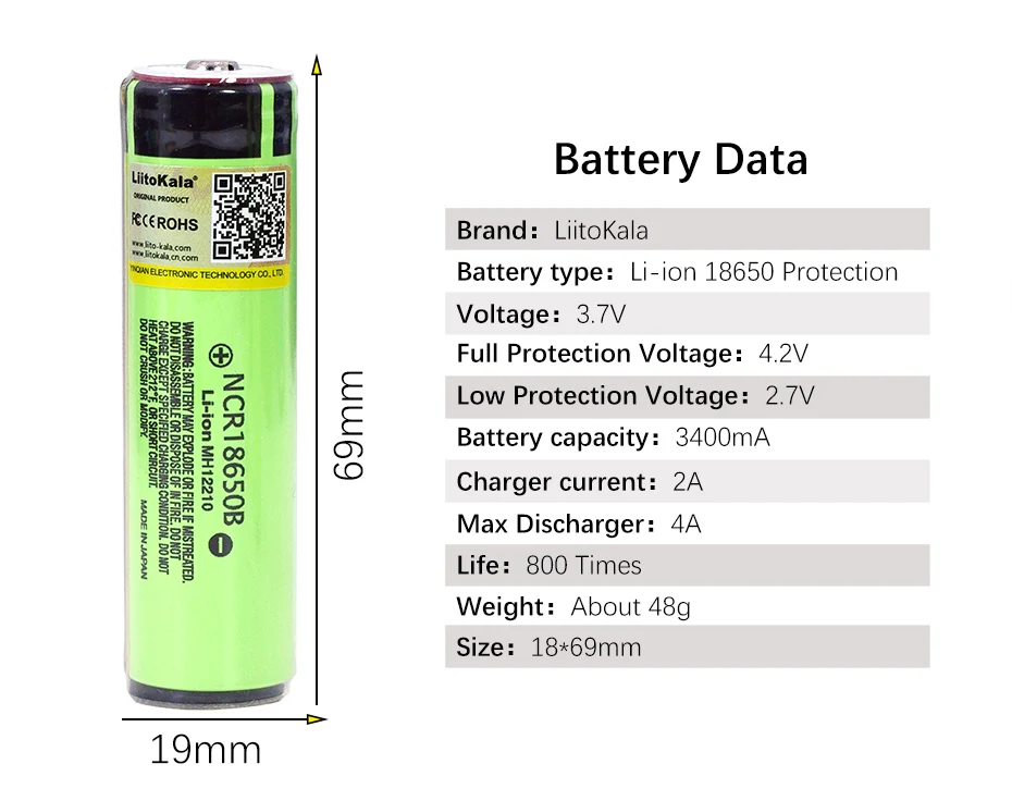 LiitoKala 100% New Original NCR18650B 3.7v 3400mAh 18650 Lithium Rechargeable Battery with PCB Protect batteries