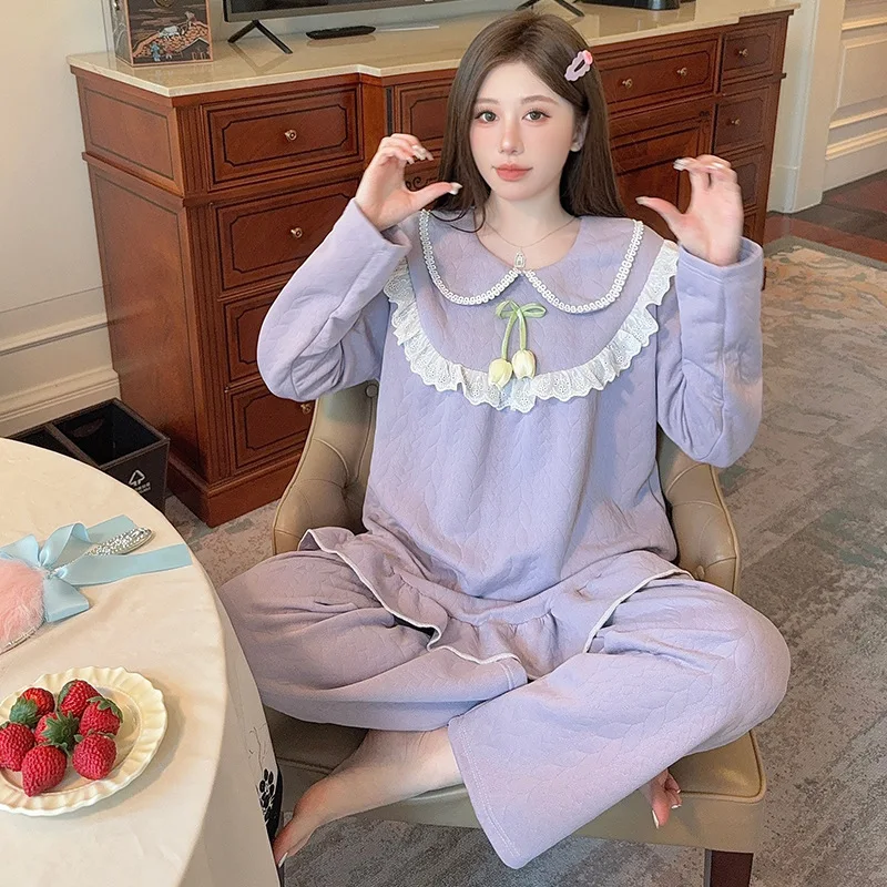 Herbst-Winter Damen Übergrößen-Spitzen-Pyjama, zum Ausgehen geeignet, für Mädchen und Studentinnen, Langarm-Hosen, Locker Sitzende Loungewear, Damen-Set, Teenager-Casual