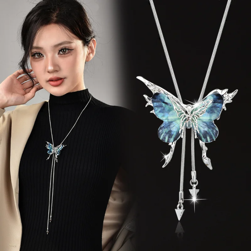 2025 New Blue Butterfly Tassel Necklace High-end Adjustable Drawstring Fashionable Sweater Chain Temperament Jewelry Accessories