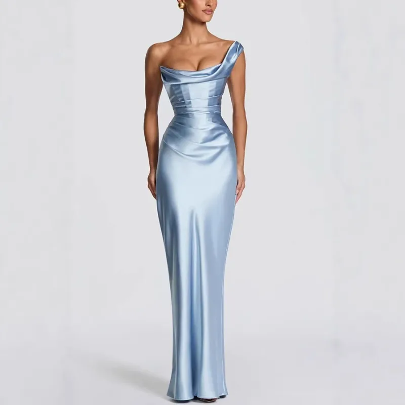 

2026 Summer Trendy Y2K Women's One Shoulder Satin Dress Ins Elegant Sexy Bodycon Slim Fit Party Clubwear Evening Gown Vacation