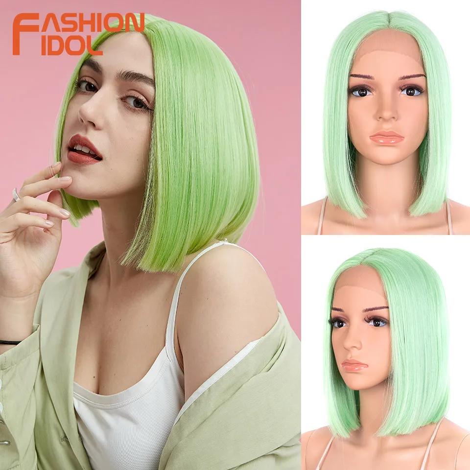 FASHION IDOL 10 Inch Green Short Bob Wigs Synthetic Lace Wigs For Women Colorful Middle Part Lace Wig Straight Cosplay Wigs