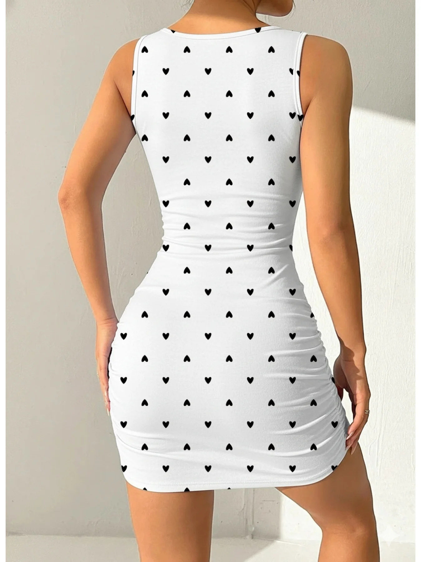 Women's Summer Casual Waist Cinched Square Collar Shoulder Strap Heart-Shaped Printed Sleeveless Dress, Mid Length Skirt