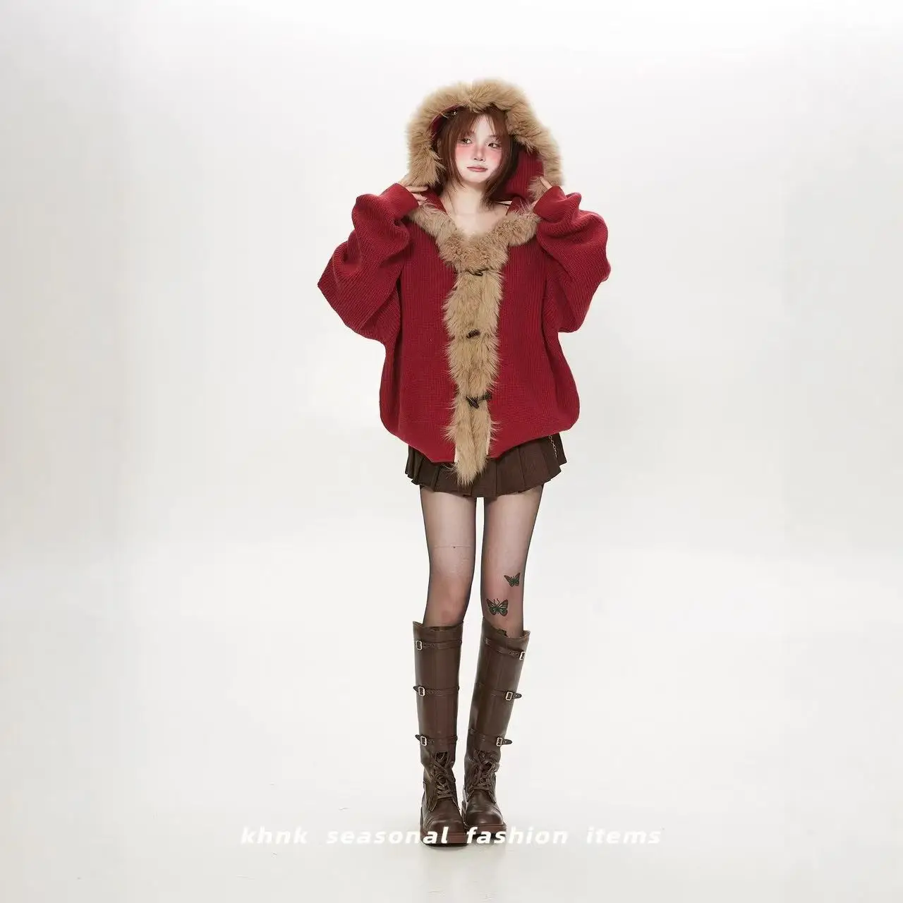 

Y2K красный ленивый ветер большой меховой воротник мешковатый плащ с капюшоном свитер осень зима женский вязаный шаль кардиган корейское пальто