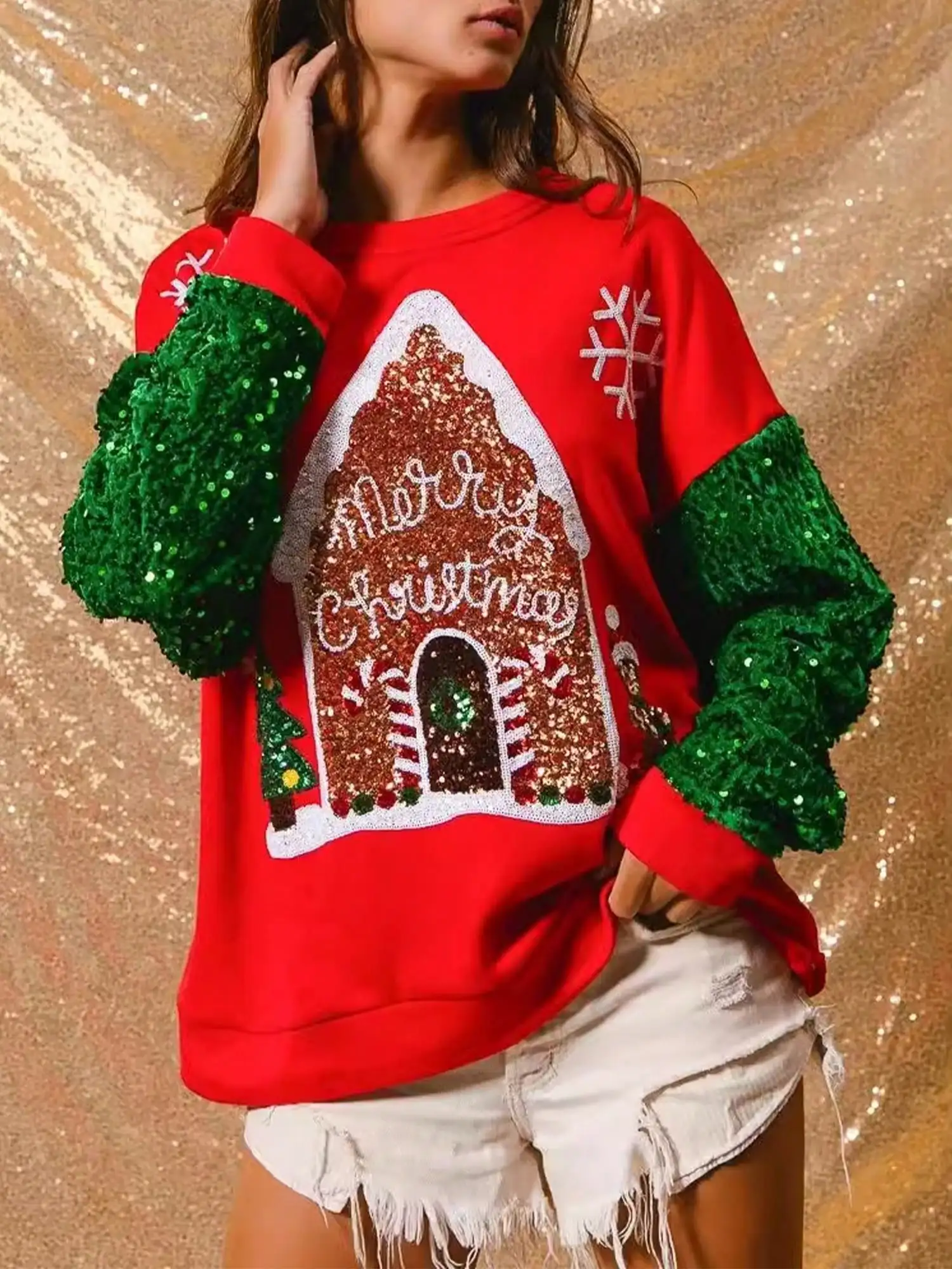 

Women's Christmas Sweatshirt with Sequined Gingerbread House & Green Sleeves, Oversized Holiday Top