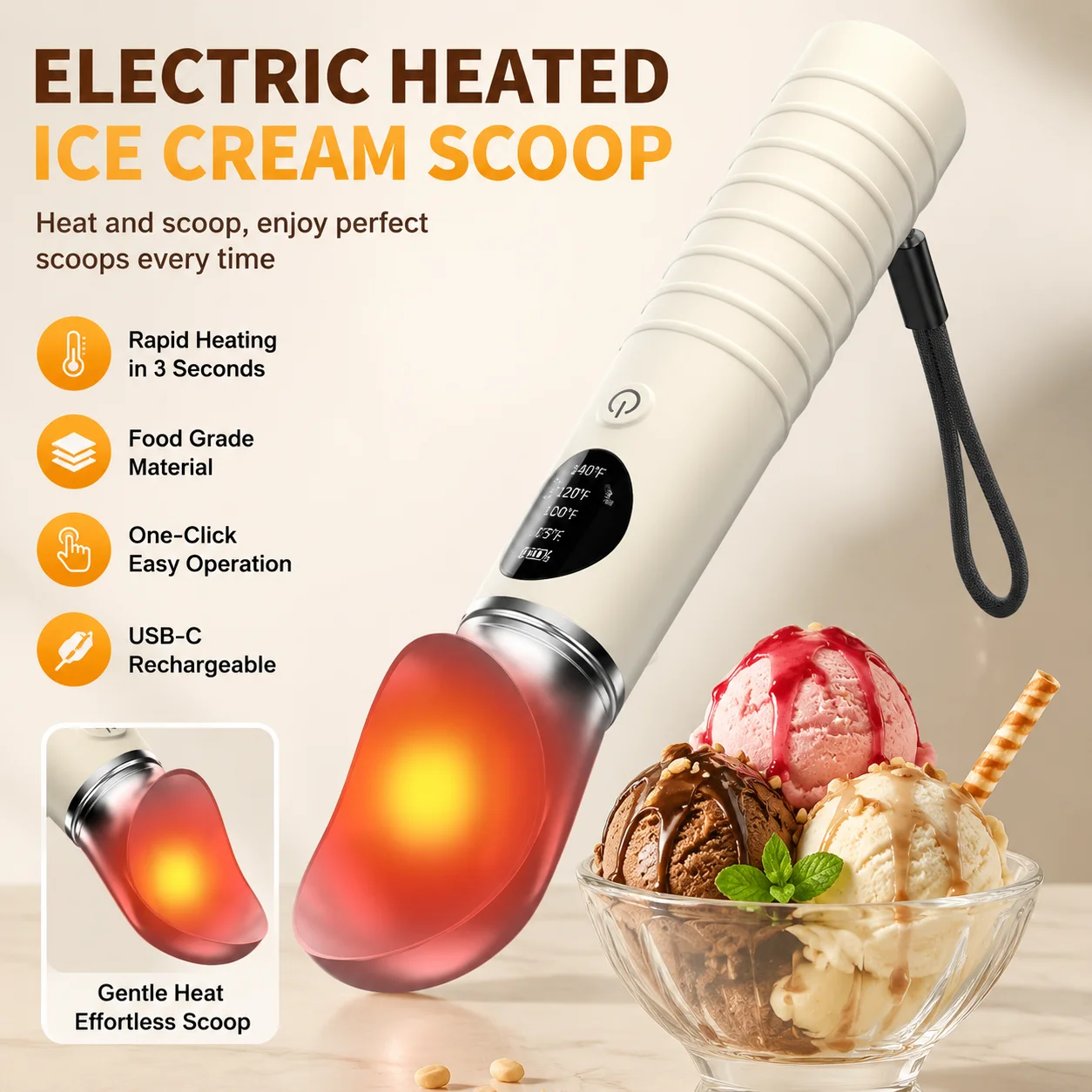Electric Heated Ice Cream Scoop Rechargeable Warm Spoon Fast Melting Scoop Tool for Frozen Dessert Kitchen Gadget for Ice Gelato