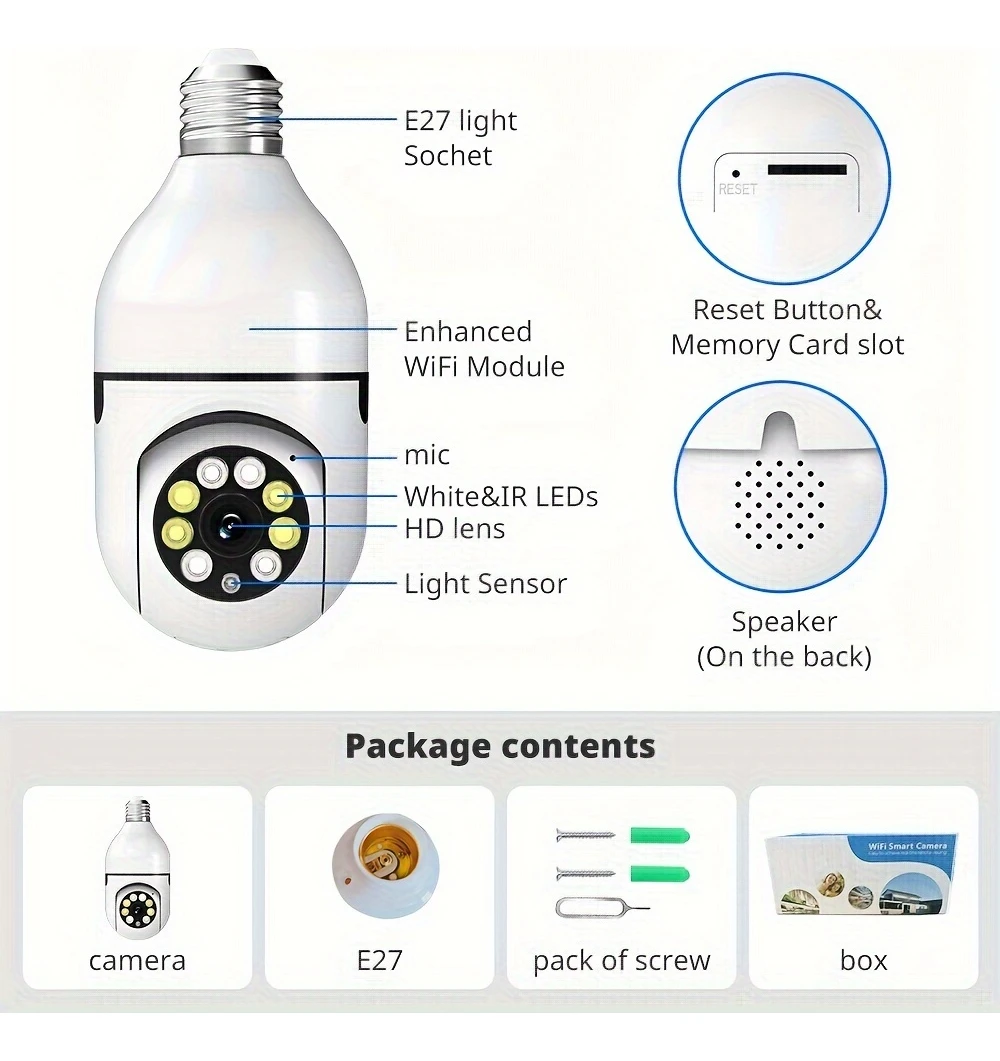 1pc Ease Life APP-Light Bulb 5GHz Security Cameras Indoor Outdoor Wireless WiFi Camera, 360 Degree, E27 Light Socket Screw