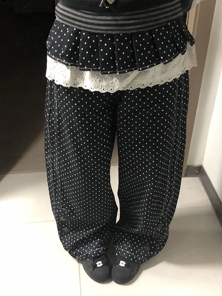 ReddaChic Skirt Detachable Women Baggy Jeans Vintage Color Block Polka Dots Lace Trim Denim Black Trousers Grunge Streetwear
