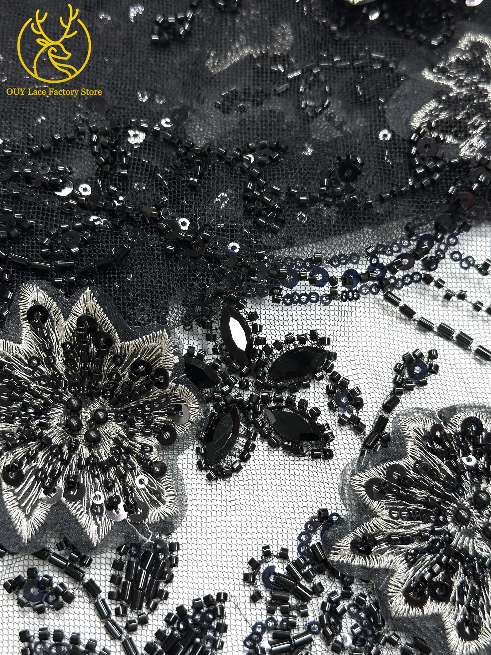 Luxuriöser königsblauer Hochzeits-Spitzenstoff, afrikanischer Perlen-Pailletten-Spitzenstoff, nigerianischer bestickter Mesh-Spitzenstoff für Hochzeitskleider – Detail 31