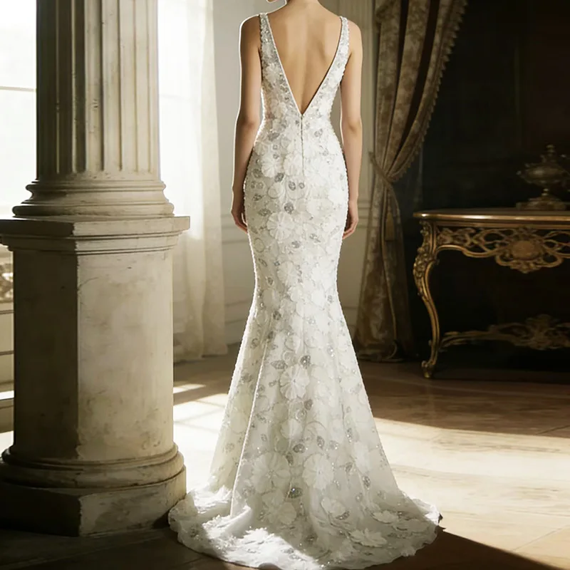 Luxury Sequins Crystals Wedding Dress Sexy V Neck Sleeveless Side Split Sheath Long Party Gown Formal Prom Guest Birthday Robe