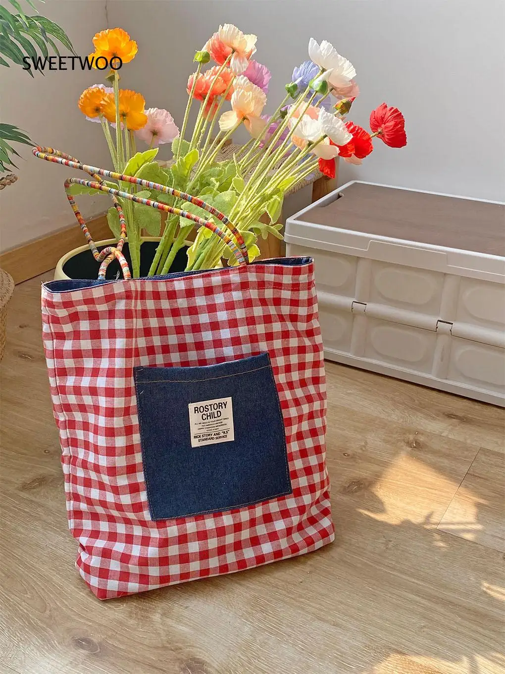 2026 Reversible Denim Canvas Tote Bag Check Lining Colorful Braided Handle Casual Shoulder Bag