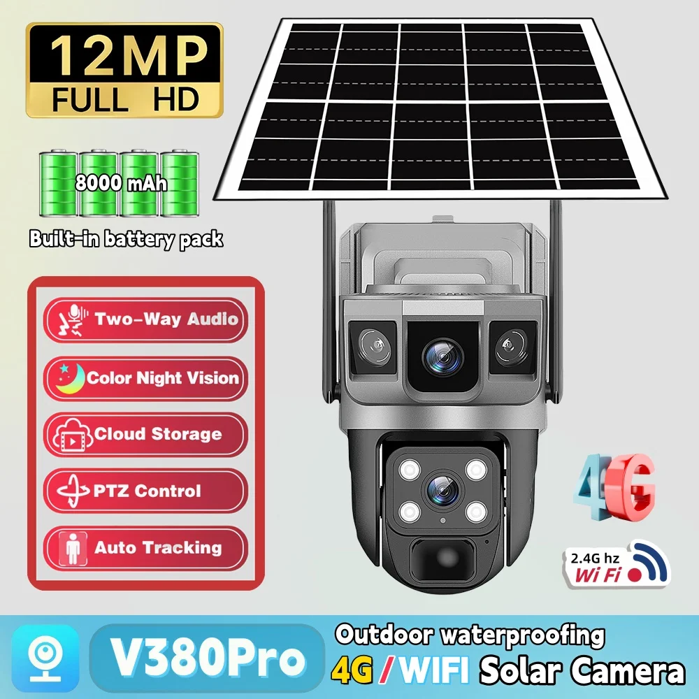

Outdoor 12MP Wireless 4G IP Camera PIR Detection HD Night Vision Solar Camera V380Pro PTZ Security CCTV Smart WIFI Monitor Cam