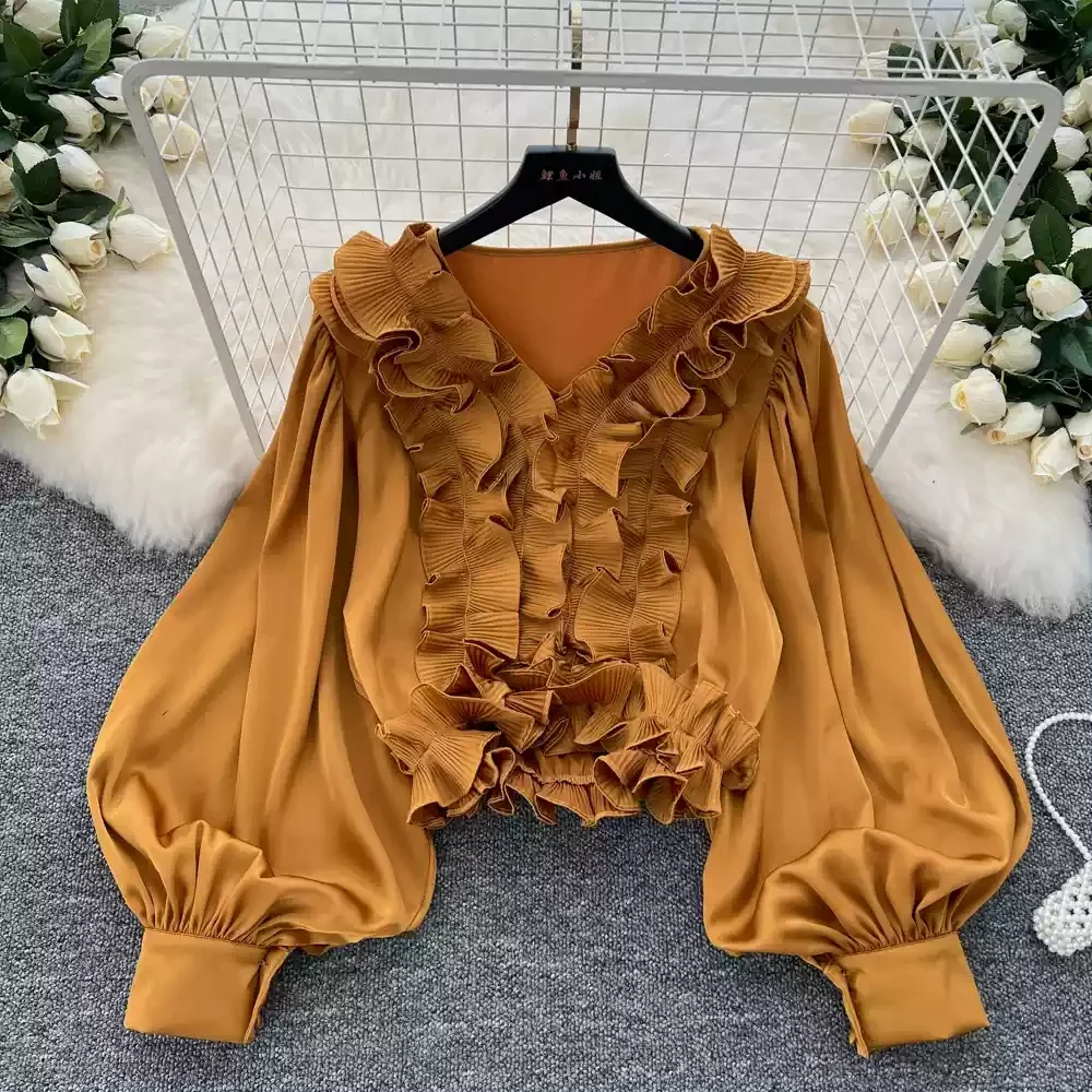 Chic V-neck Vintage Long Lantern Sleeve Basics Ear Fungus Edge Top Korean Fashion Streetwear High Street Autumn Winter Blouse