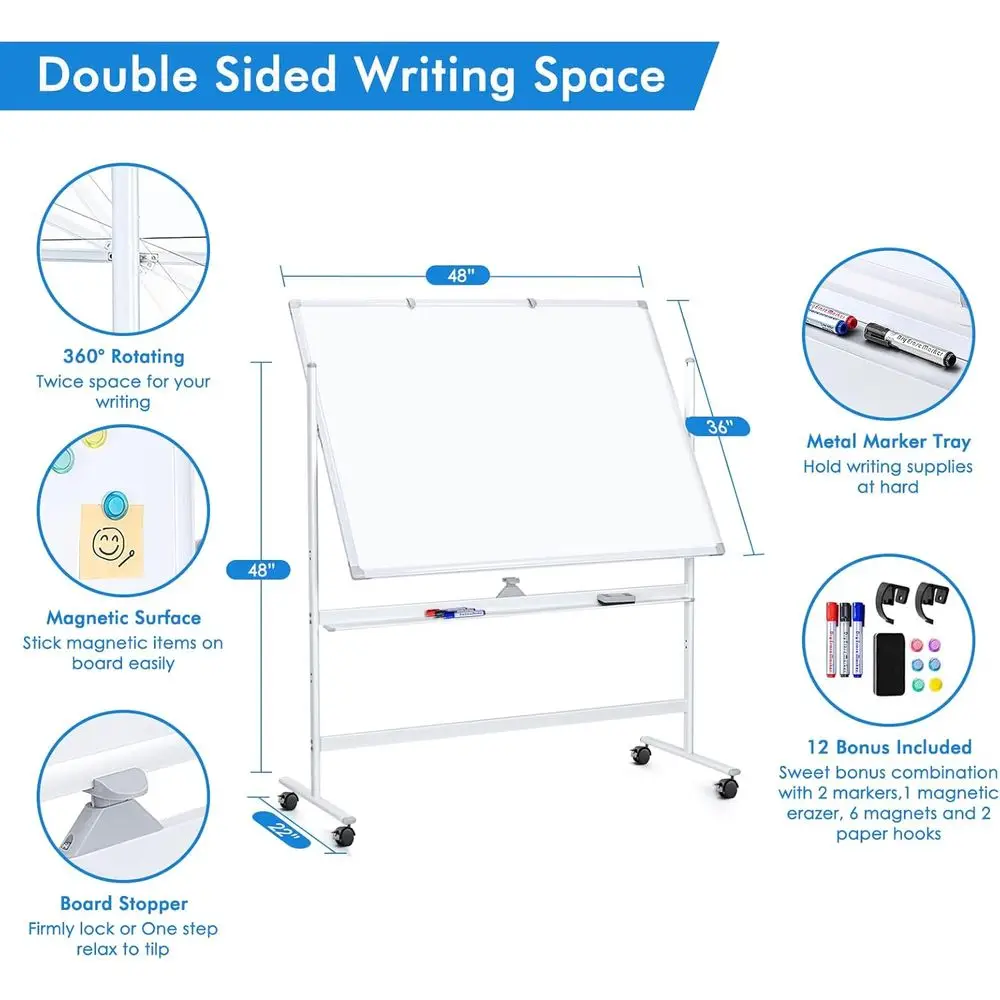 سبورة بيضاء متنقلة مزدوجة الجوانب مقاس 48 × 36 مع سطح مغناطيسي للمسح الجاف، حامل فضي محمول للمكتب والفصول الدراسية والاستخدام المنزلي #6
