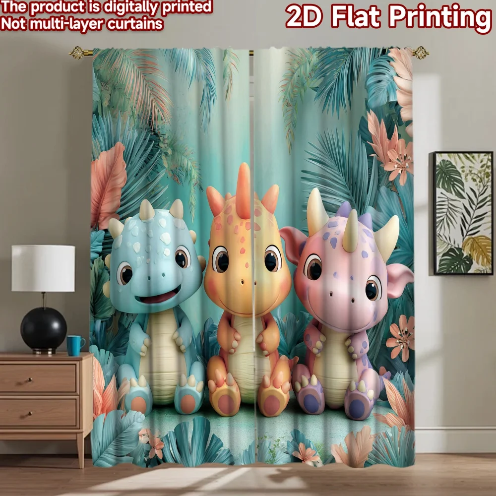 

2D flat printing 2pcs Window Curtains Cute Dinosaurs Jungle Friends Digital Printed Polyester Drapes Holiday Decorations Use for