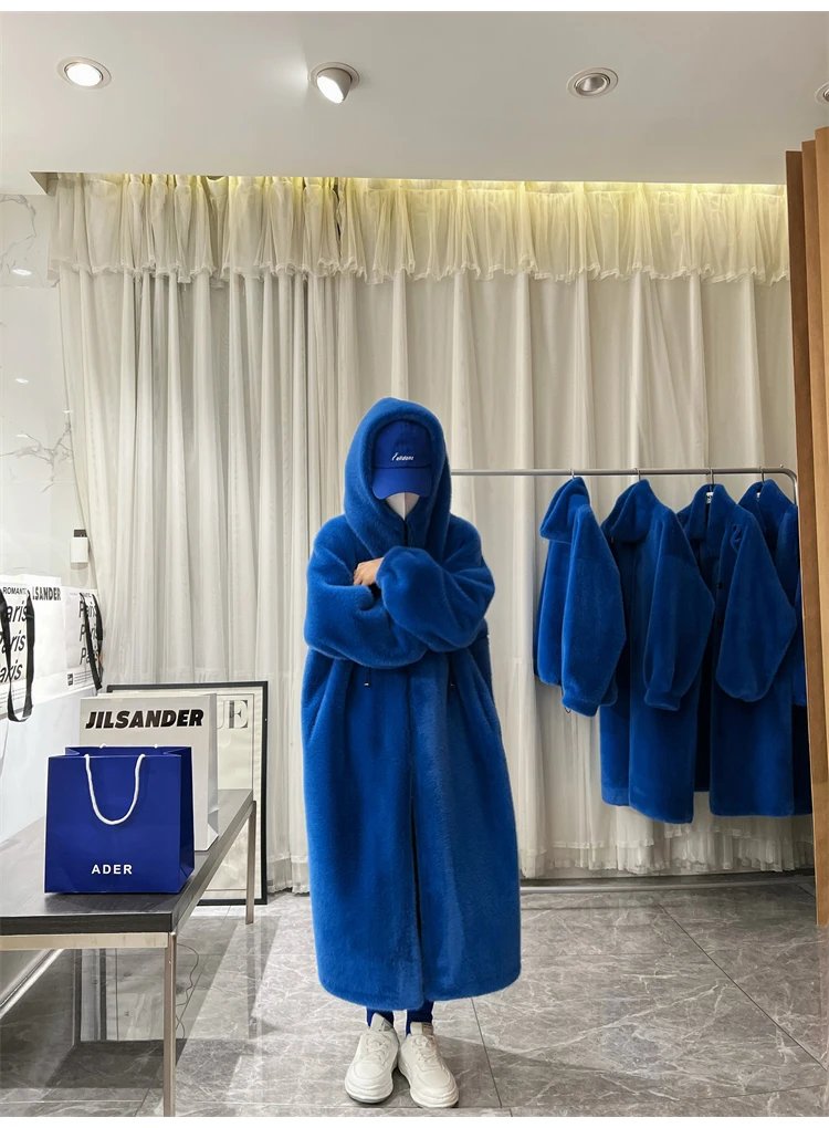 Lautaro Winter Long Oversized Warm Thick Blue White Fluffy Faux Fur Coat Women with Hood 2022 Loose Casual Korean Style Fashion