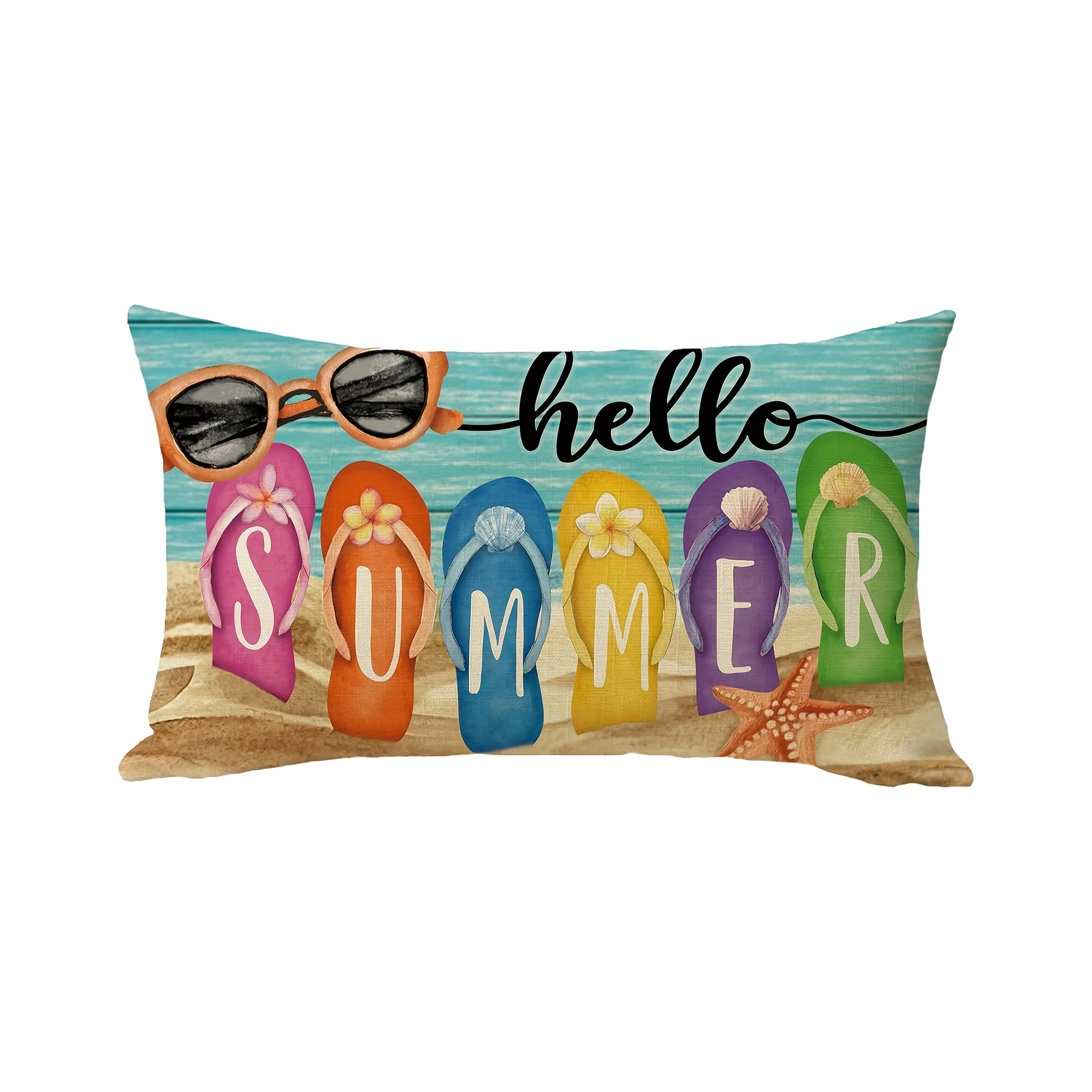 1pc Hello Summer Flip Flops Beach Printed Lumbar Pillow Cover, Suitable for Sofa, Patio, Living Room, Vacation Home,