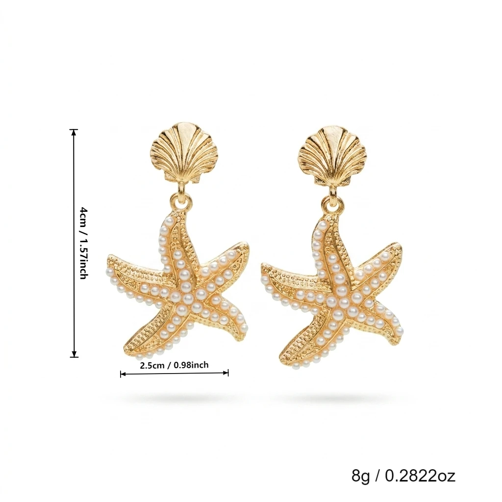 Trendige goldfarbene, simulierte Seestern-Ohrstecker für Damen, Bohemian-Stil, übertriebene Muschel-Ohrhänger, Sommer-Strand-Schmuck für den Alltag – Detail 7
