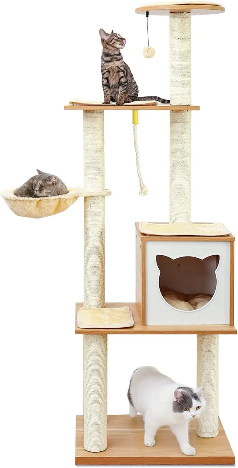 

Cat Tree, Modern Cat Tree Tower for Indoor Cats - 65" Tall Wood Condo with Hammock, Scratching Post and Removable Pads