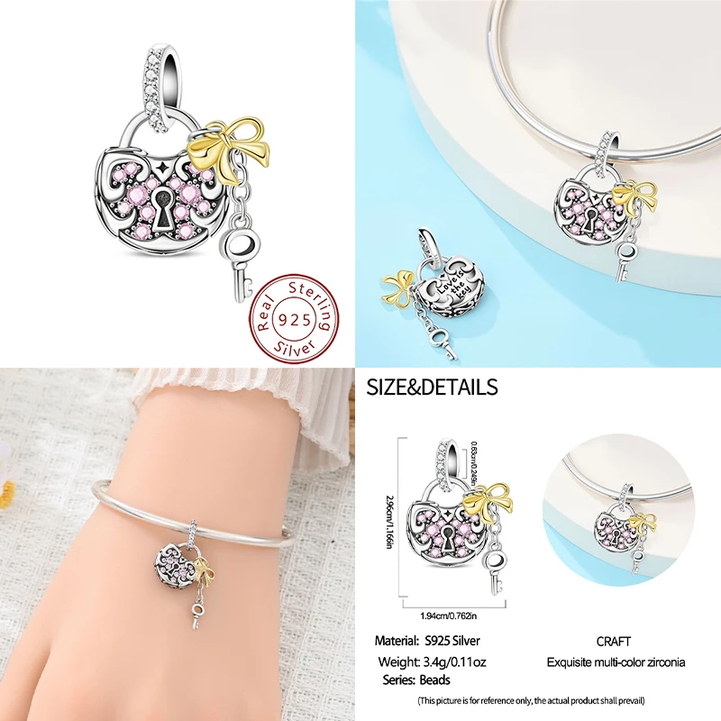 New 925 sterling silver nostalgic love lock pendant beads, suitable as original women's bracelet, gift, DIY exquisite jewelry