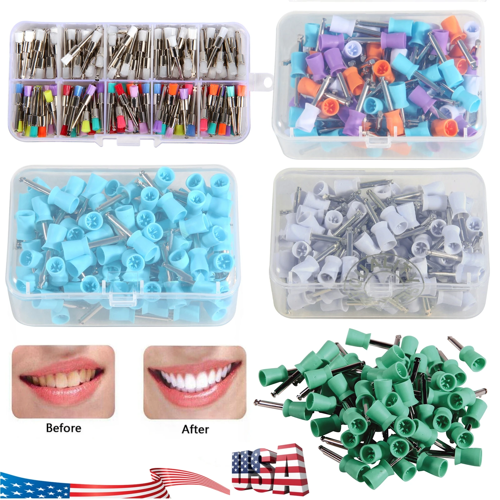 200PCS Dental Nylon Polishing Flat Latch Polisher Prophy Brush/Cup Disposable Colorful Mixed Type 2.35mm Diameter Dentistry