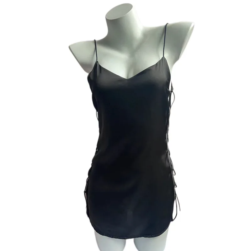 

Sexy Lingerie With Straps Dress Satin Deep V Backless Light Luxury Home Wear Camisole Solid Color Deep V Sleeveless Dress 53X8
