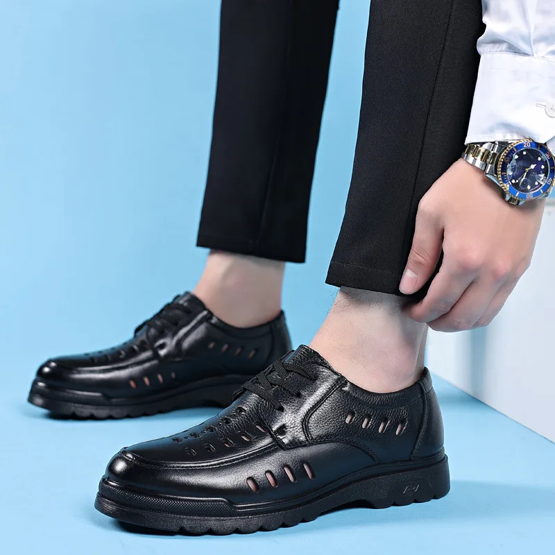 Cowhide Top Leather Shoes for Men 2023 Spring Summer Autumn 2023 Men's Sandals Leather Hollowed Out Breathable Dad Shoes Male