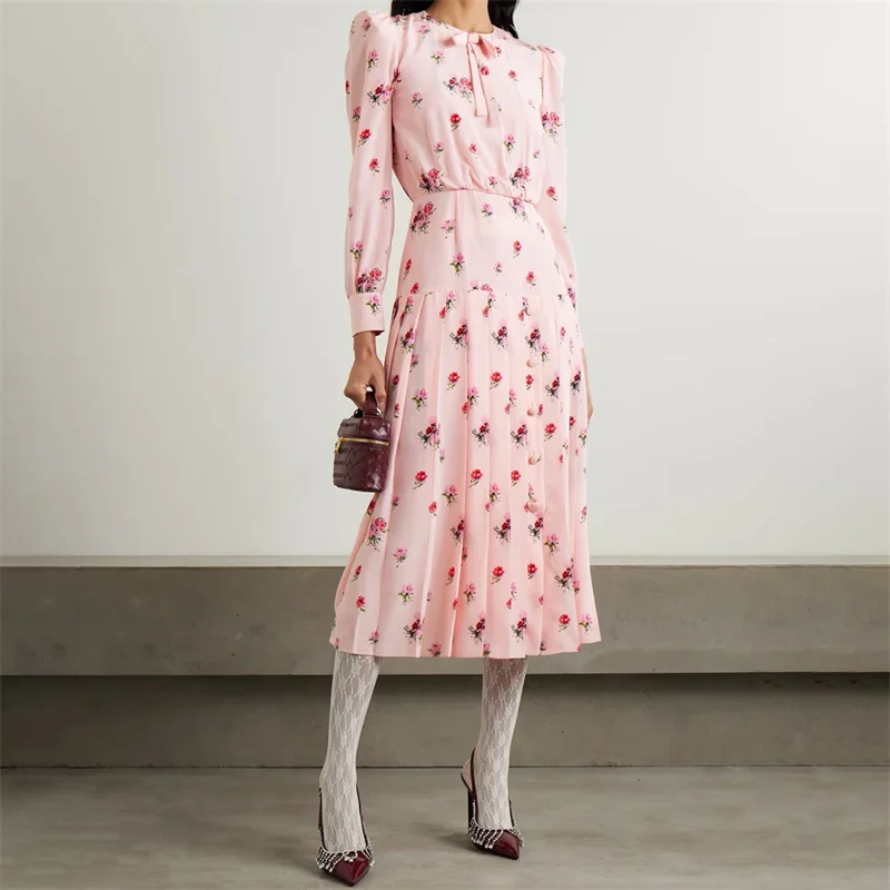 

Women's dress New pleated slim fit round neck long dresses for summer 2025 fashion rose print midi dresses banquet party dresses