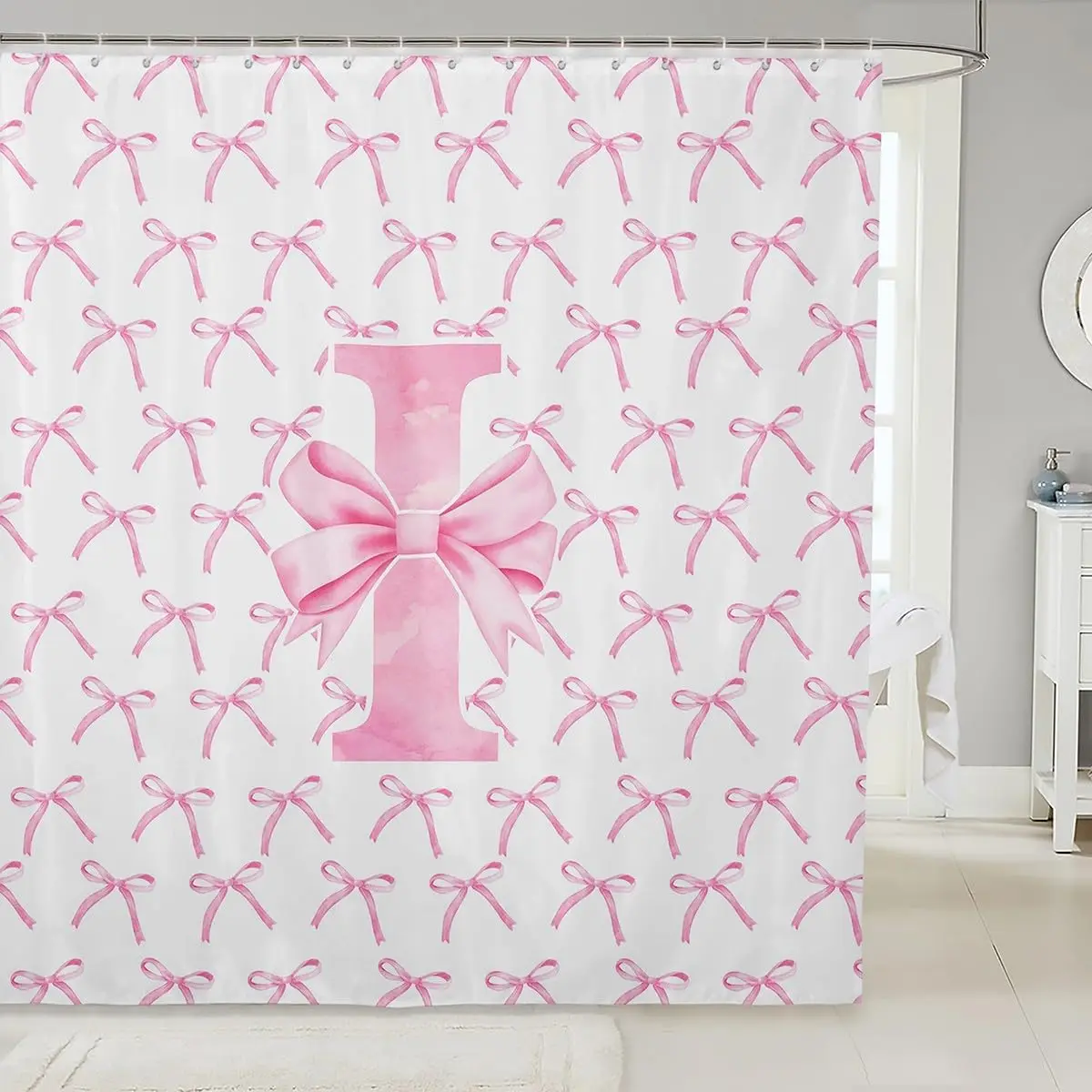 

Personalized Letter I Pink Bow Pattern Waterproof Decorative Shower Curtain for Girls Bathroom Home Decor
