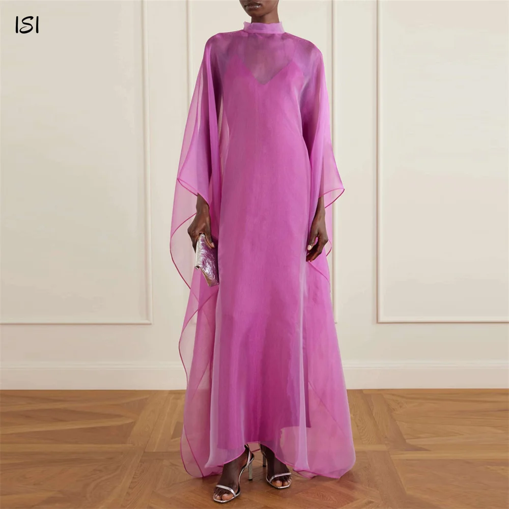 ISI Modern Rose Red Organza Evening Gown Dress Cape Two Piece Maxi Dress Loose Prom Gown Customized Formal Party Dress ﻿