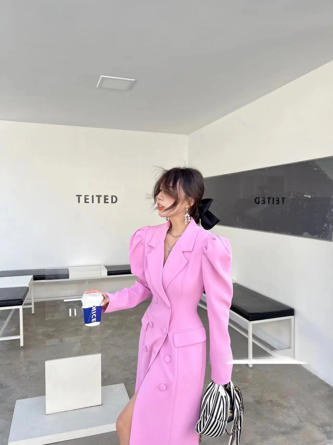 

Ele Long Double-Breasted Korean Design Dr Tailored Waist Suit Skirt Polyester Fabric Pure Color Commute Sle