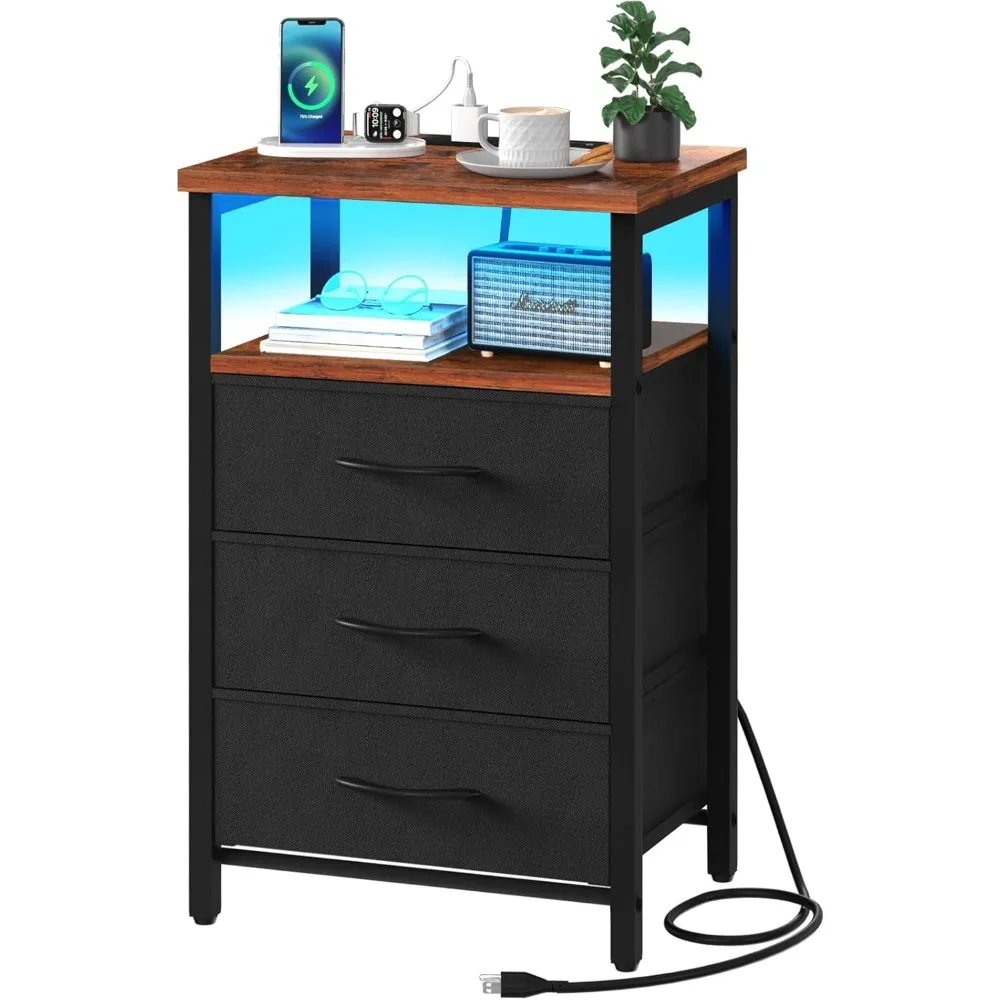 

Yoobure Night Stand with Charging Station, 3 Fabric Drawers Nightstand, Bedside Tables with Storage Shelf, End Table with 16 Col