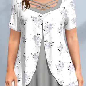 Halbschwächer Chiffonbluse, Rundkragen, durchscheinende Blumendruck, Plus Größe, Schwarz und Weiß, elegant 10 Hauptverkäufe Black Plus Size Bluse - №2