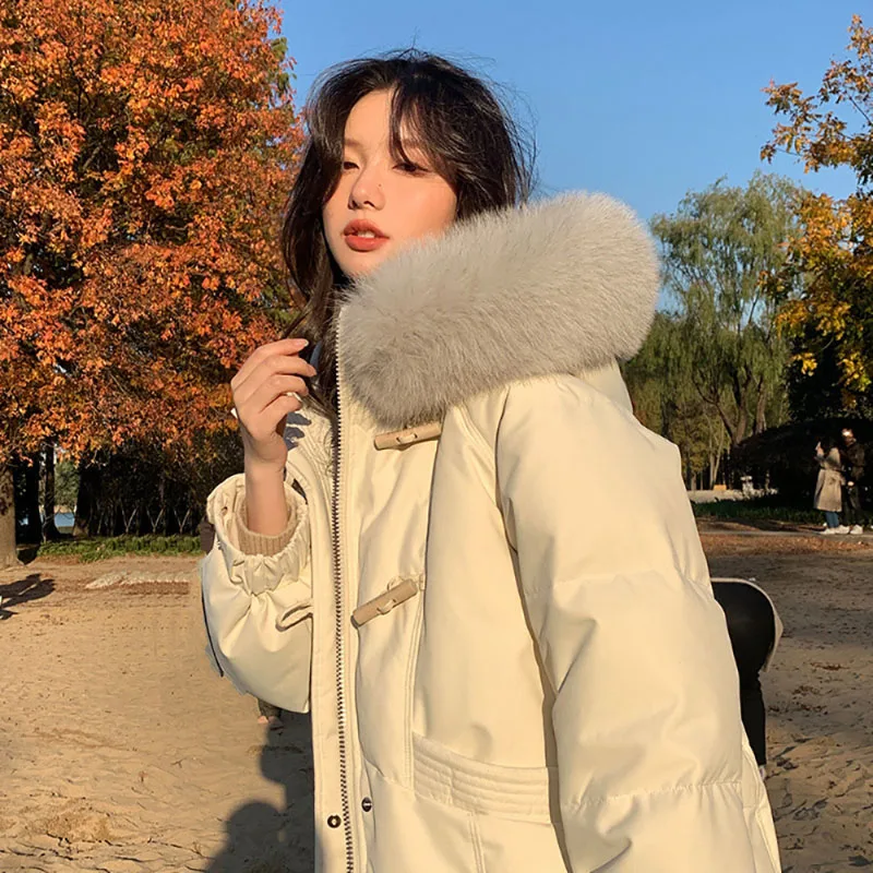 Light Luxury Fox Fur Big Hair Collar Long Hooded Down Coat Korean 2023 Winter New Fashion Design Casual Loose Thicken Warm Coat