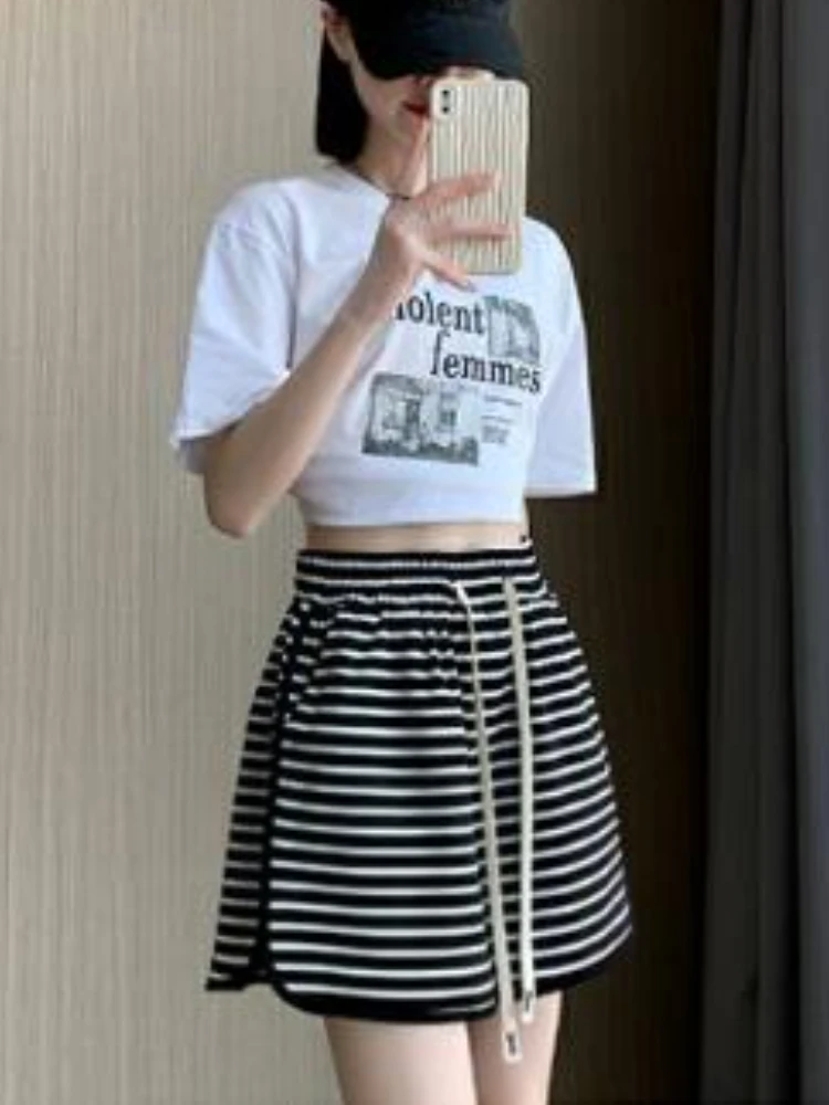 Shorts Women Simple Daily Streetwear Chic Lace-up All-match Ulzzang Office Loose Pockets Design Sporty Leisure Striped Fashion