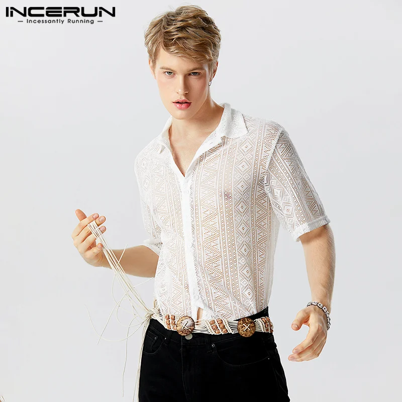 INCERUN Tops 2024 American Style Casual Mens Hollow Lace Printed Shirts Fashion Street Hot Sale Short Sleeved Lapel Blouse S-5XL