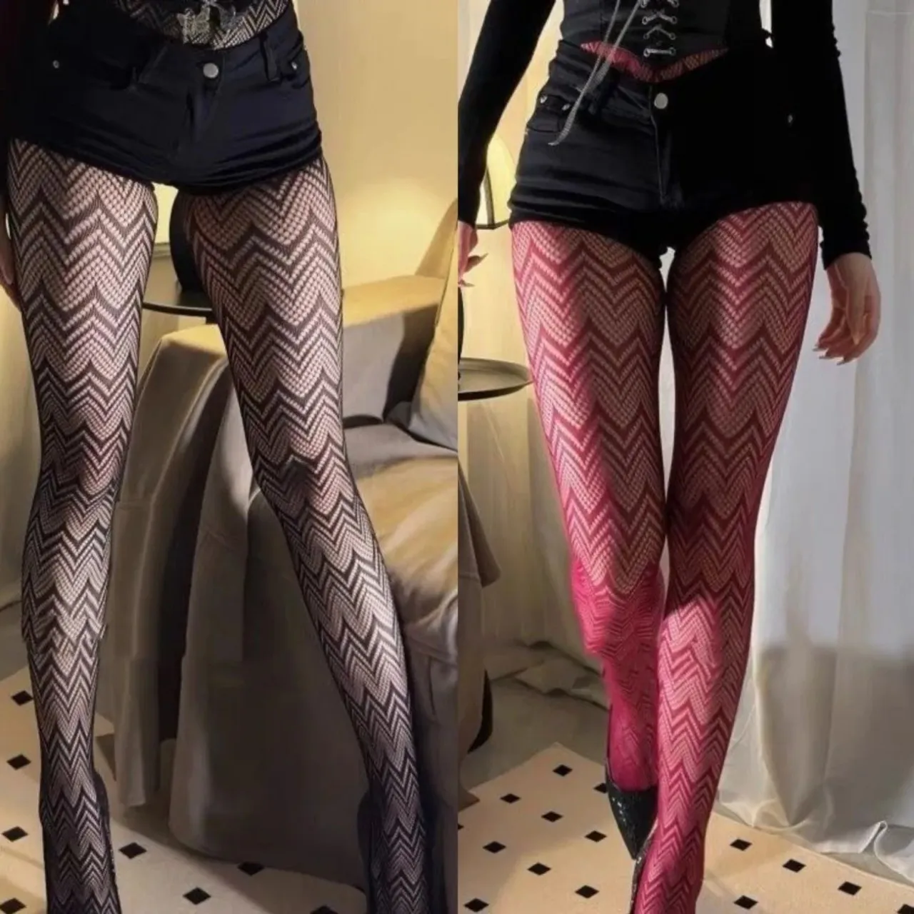 

Women's Sexy High-Waist Fishnet Stockings Black Red Wave Fishnet Stockings Sexy Pantyhose Passionate and sexy hot girl pantyhose