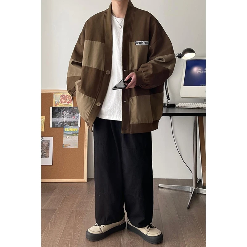 

Мужская куртка с v-образным вырезом, модный универсальный свободный повседневный топ контрастного цвета в стиле ретро