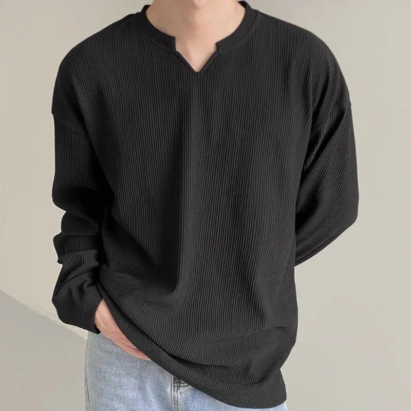 Spring Autumn New V-neck Fashion Long Sleeve T-Shirts Man Solid Color Striped Pullovers High Street Casual Loose Comfortable Top