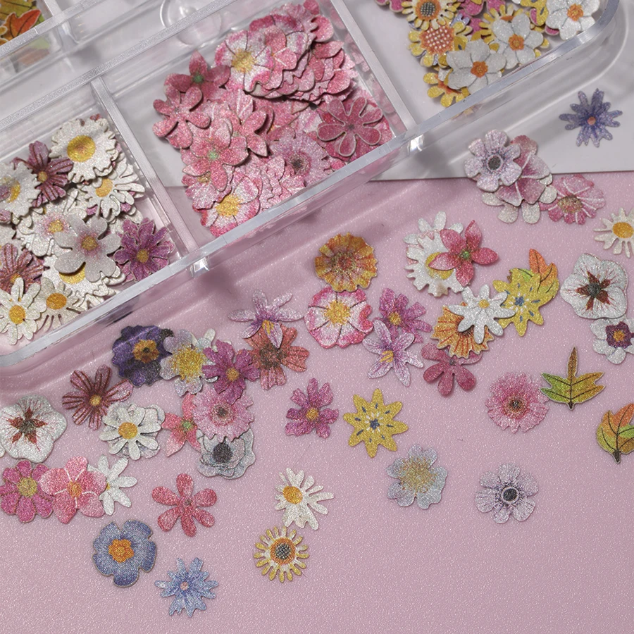 6 Grids Mixed Color Flower Nail Charms, Paper Flower Nail Art Decorations, Multi‑Color Floral Nail Slices for DIY Manicure Ornaments